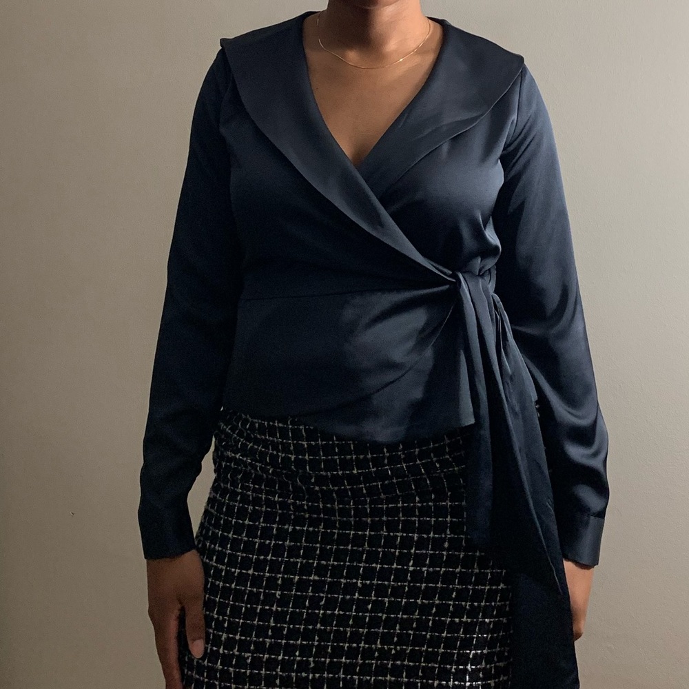 New York & Company Navy Satin Wrap Blouse